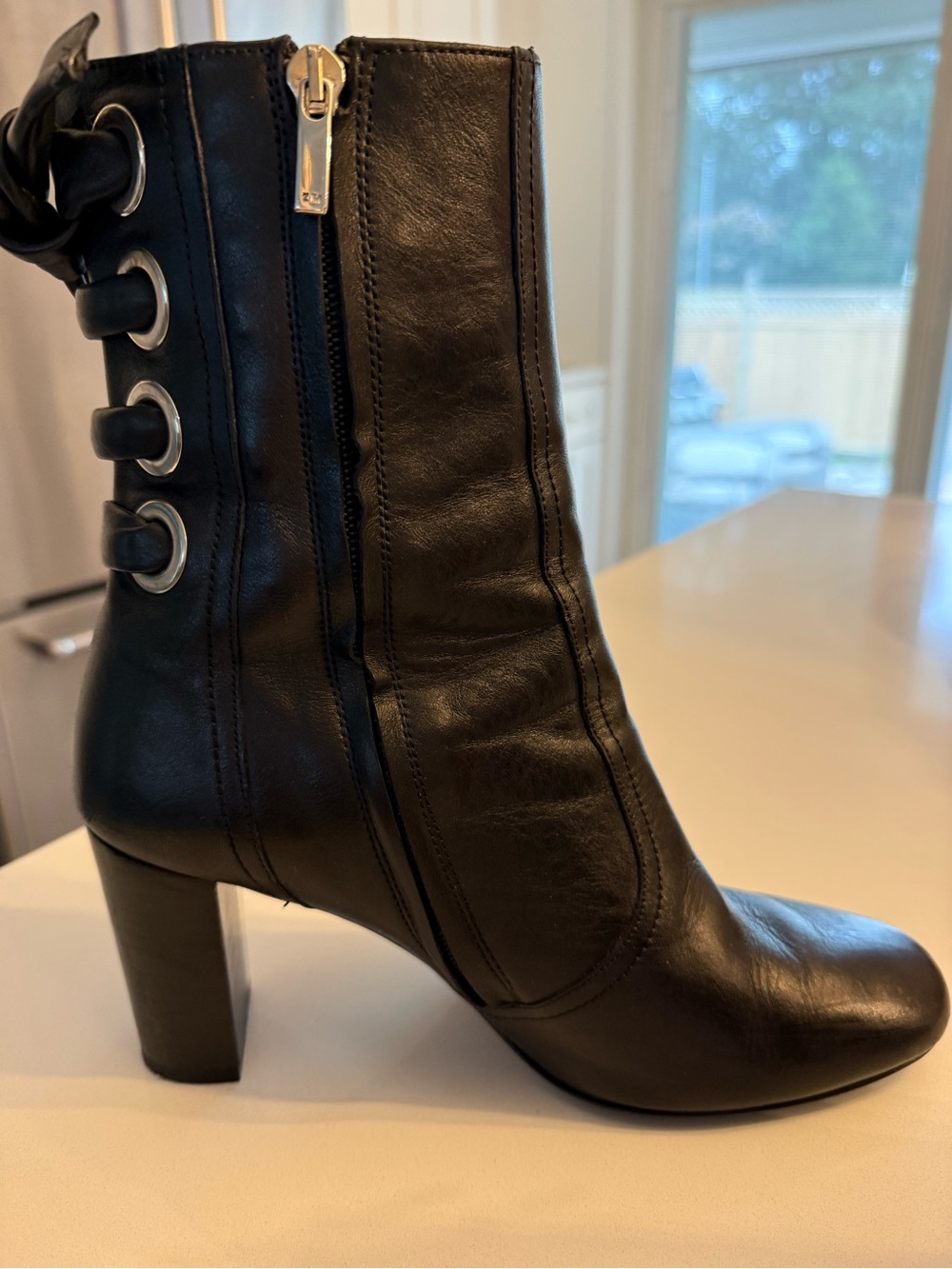 Karen Millen Black Leather Heeled Ankle Boots with Grommet Lace Detail